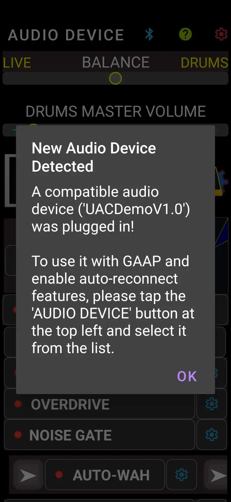 GAAP App showing the New Audio Device Detected alert
