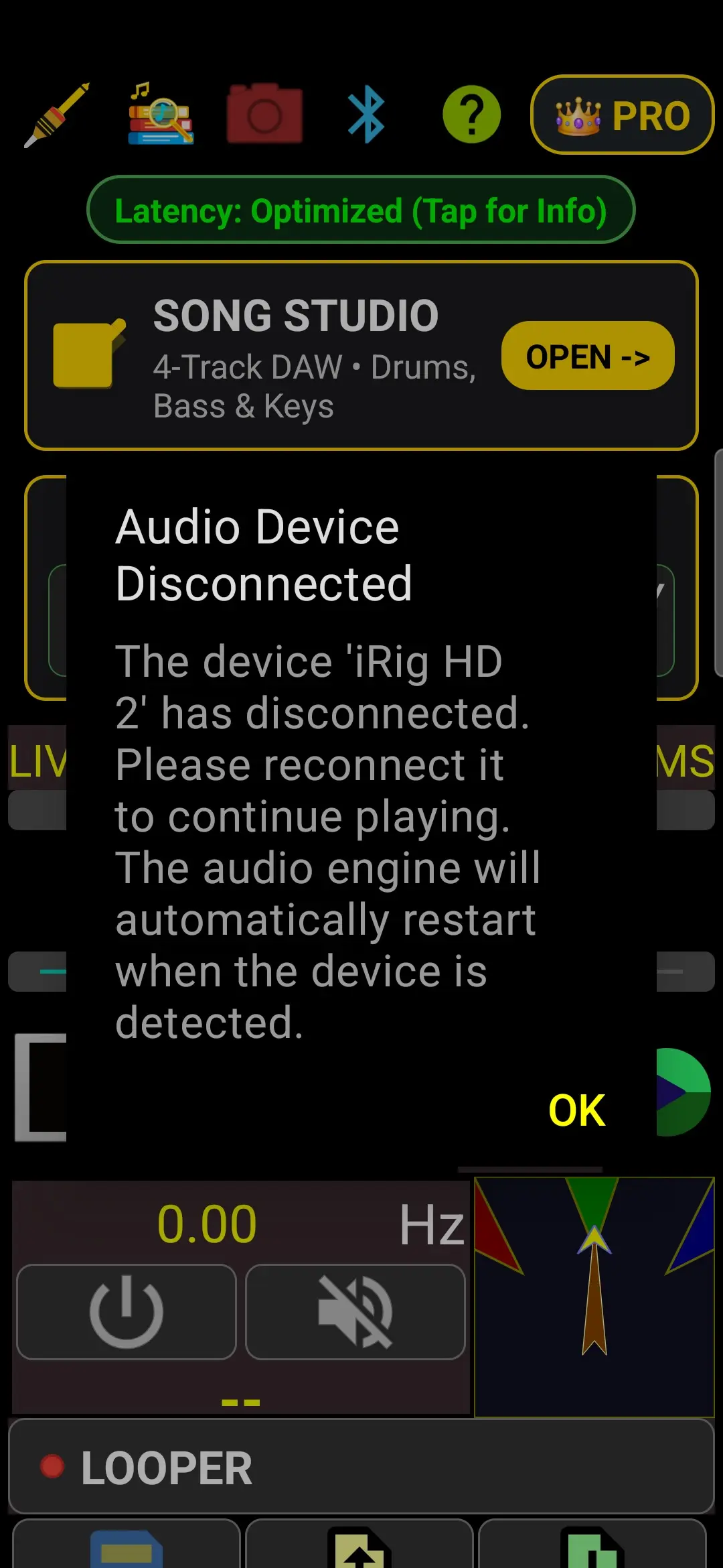 GAAP App showing the Audio Device Disconnected alert
