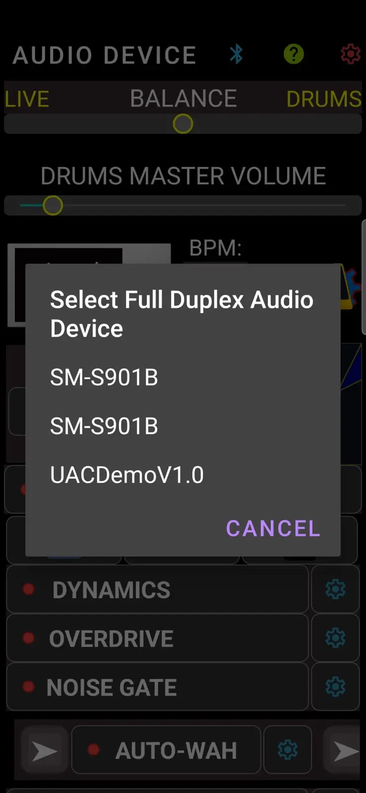 GAAP App showing the Audio Device Selection Dialog