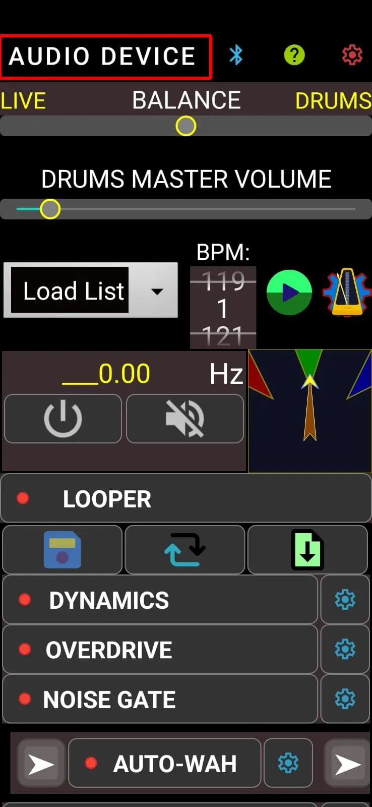 GAAP App Main Screen highlighting the AUDIO DEVICE button