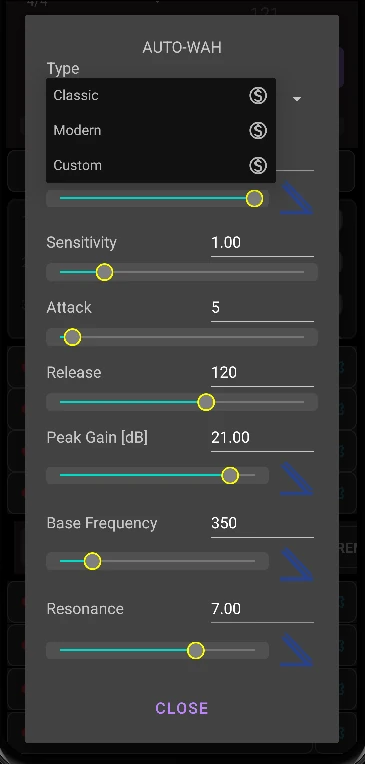 GAAP App Auto-Wah Sensitivity Envelope Filter Settings