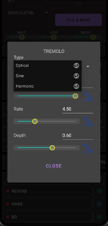 GAAP App Tremolo Modulation Sine Optical Harmonic Settings
